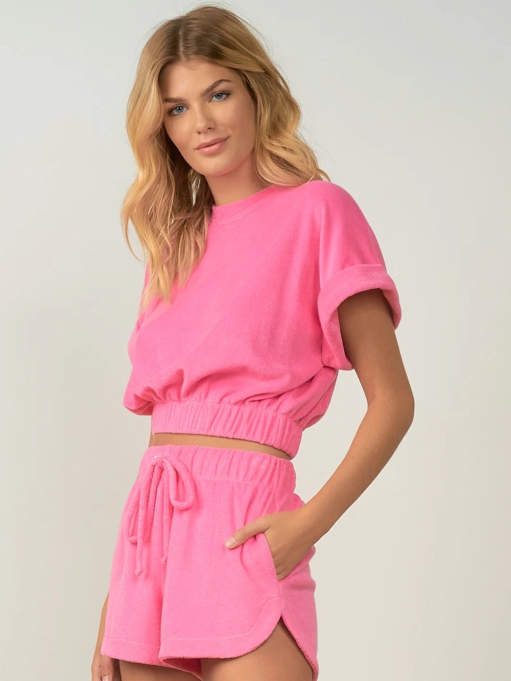 Elan Hot Pink Terry Crop Short Sleeve Top Beach Boho Colorful Size Small
